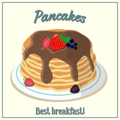 Vector illustration of a pile of pancakes. Baking with chocolate syrup and berries on a plate. Breakfast concept.