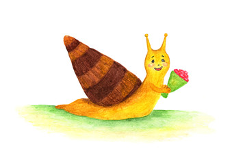 Snail with a dark brown shell. Watercolor illustration.
