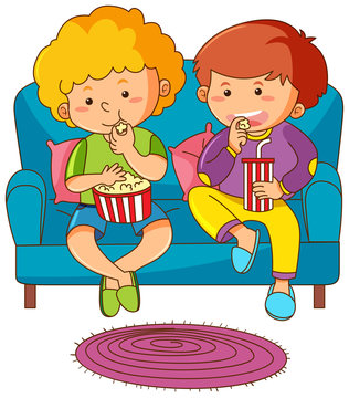 Two boys eating snack and drinking soda on sofa