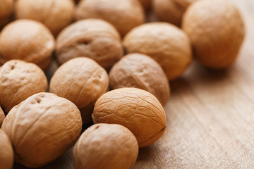 walnuts on a wooden table close-up