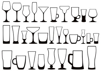 Set of silhouettes of different glasses for drinks. Vector