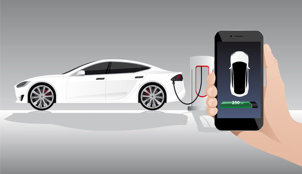 Hand with phone on a background of electric car charging point. On a divice screen indicator of power reserve. Vector illustration