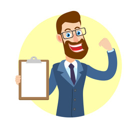 Hipster Businessman showing clipboard and biceps