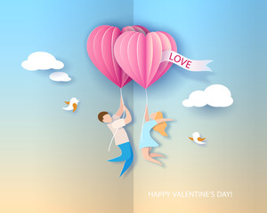 Valentines day card. Abstract background with couple in love flying, hearts balloons and blue sky. Vector illustration. Paper cut and craft style.