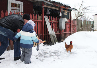 A man with a little boy, feeding a chicken in a village yard, in winter