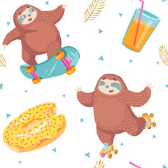 cute seamless pattern with cartoon sloth on roller skates and skate board, donut and glass of juice. wrapping paper pattern