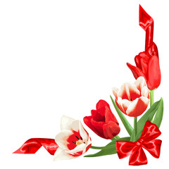 Decorative element with red and white tulips. Beautiful realistic flowers, buds and leaves