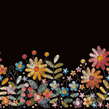 Lovely Embroidery Flowers. Seamless Embroidered Border With Herbs, Berries And Wildflowers On Black Background.