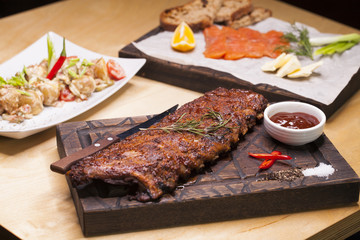 Closeup of pork ribs grilled with BBQ sauce