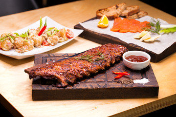 Closeup of pork ribs grilled with BBQ sauce