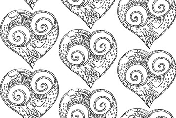 Vector illustration of seamless pattern from hand drawing heart with snail couple in love. Coloring page book for Valentine day