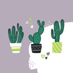 Cute hand drawn card with cactus. Cartoon style vector illustration in pastel theme. Collection of cactuses in flower pots.
