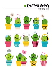 Foto op Canvas Sticker pack with cute cactuses in bright colored pots. Cartoon style emotion icons or patches or pins on white isolated background. © tanyabosyk