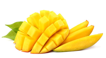 mango slice with green leaves isolated on white background. top view