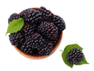 blackberries in wooden bowl isolated on white background top view
