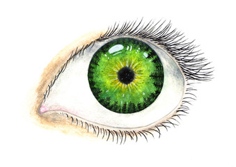 Beautiful female eye. Pupil with the universe inside. Watercolor illustration.