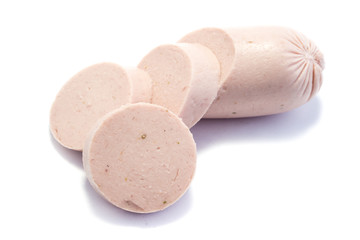 Fleischwurst Jagdwurst isoliert freigestellt auf weißen Hintergrund, Freisteller