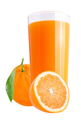 Fresh orange juices on white with fresh fruit