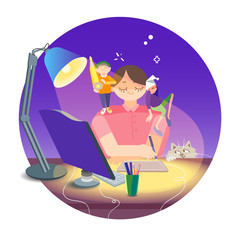 Colorful illustration with the image of a sleepy freelance artist in a state of inspiration. The artist draws on the tablet stylus. On the table, colored pencils, a modern computer, reading lamp