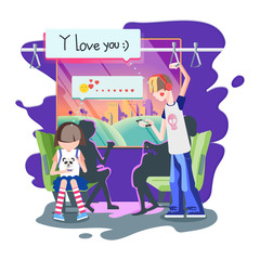Colorful flat illustration represents situation in the public transport. The boy sends a love-message to a girl. 