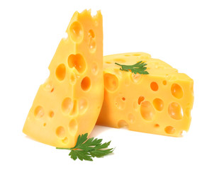 piece of cheese with parsley isolated on white background