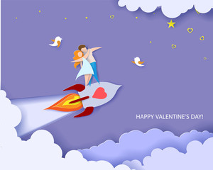 Valentines day card. Abstract background with couple in love flying on rocket, heart and blue sky. Vector illustration. Paper cut and craft style.