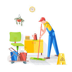 Cleaning of office. Cleaning the floor in the office. Worker wipes the floor with a mop on the background of the interior. Vector illustration in a flat style.