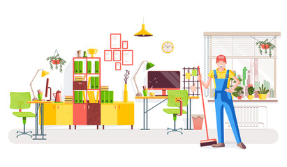 Office cleaning. Worker in uniform with a broom on the background of the office interior with a view of the window with flowers, work desks and a bookcase with books and awards. Vector illustration.