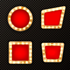 Set of luxury elegant golden frames with shiny glowing gold lamps and red velvet,vector illustration.Decorative elements for win in casino,poker,slots,roulette or circus,cabaret show poster sign