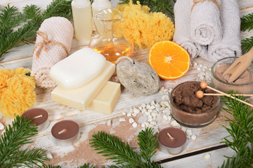 gift with natural soap and mud on the body with an orange fragrance with free space for text