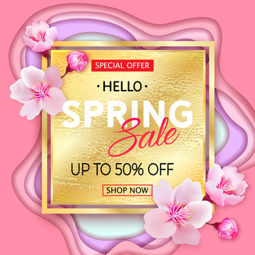Spring sale banner with Cherry Blossoms on beautiful modern paper cut style background. Vector illustration
