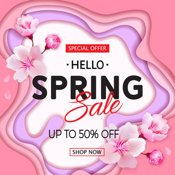 Spring sale vector banner with Cherry Blossoms on beautiful modern paper cut style background