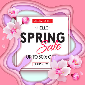 Vector Spring sale banner with Cherry Blossoms on beautiful modern paper cut style background