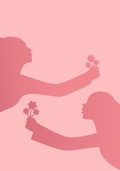 Silhouettes of women with outstretched arms holding bouquets of flowers.