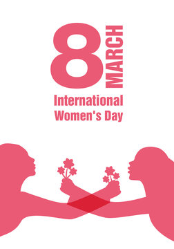 International Women's Day. Silhouettes of women with outstretched arms holding bouquets of flowers. Main title March 8.
