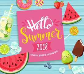 Naklejka premium Hello summer 2018 card with handdrawn lettering on blue wooden background with watermelon, detox, ice, donut, ice cream, lime and candy. Vector Illustration.