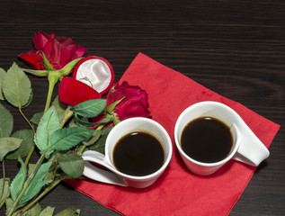 Cup of coffee, love, roses,engagement ring