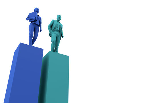 Gender equality concept. Businesswoman and businessman on two towers. 3D Rendering