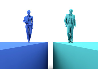 Gender equality concept. Businesswoman and businessman on two seperate colour blocks. 3D Rendering