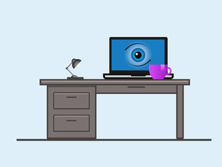 A laptop screen with an eye. Total surveillance. Big brother concept. Stealing confidential data. Concept of protecting information. Biometric identification. Isolated vector illustration