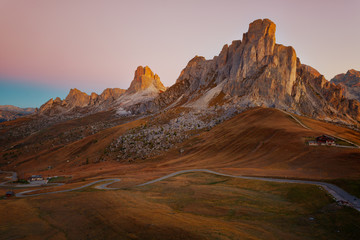 Mountain Passo Giau in Dolomite Alps at sunrise, Italy