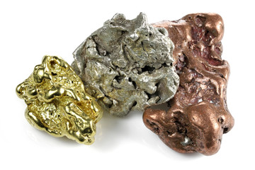 native gold, silver and copper nuggets isolated on white background