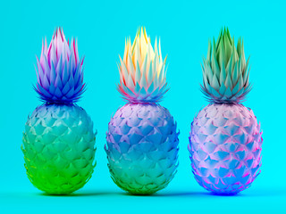 Obrazy na Szkle  Wielokolorowe ananasy na niebieskim tle renderowania 3D
