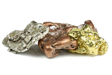 native gold, silver and copper nuggets isolated on white background