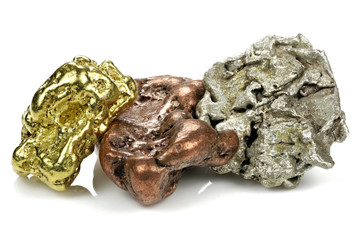 native gold, silver and copper nuggets isolated on white background