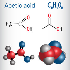 Acetic acid (ethanoic) molecule. Structural chemical formula and molecule model