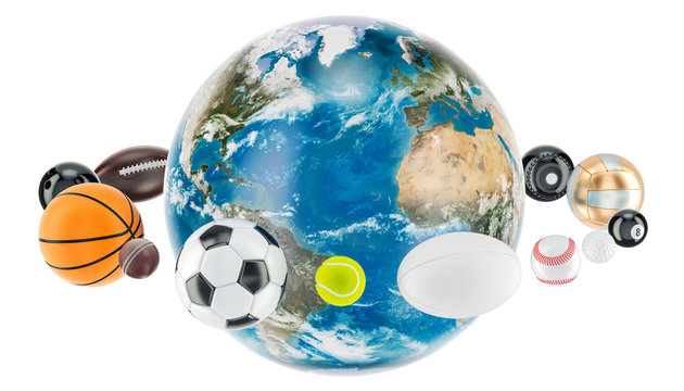 Earth Globe with sport balls around. 3D rendering