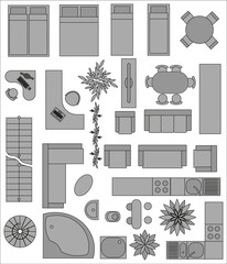 Set of  top view interior. Different variants of furniture in grey color for apartments