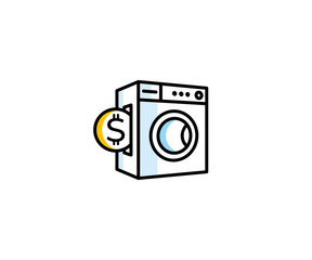 Concept of washing machine and coin logo template. Paid public laundry vector design. Washing house illustration