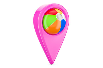 Map pointer with beach ball, location concept. 3D rendering